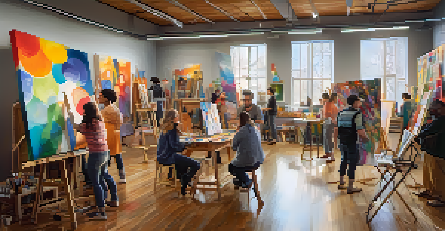 An artistic workshop where participants engage in painting, music, and dance, surrounded by colorful canvases and instruments in a creatively vibrant environment.
