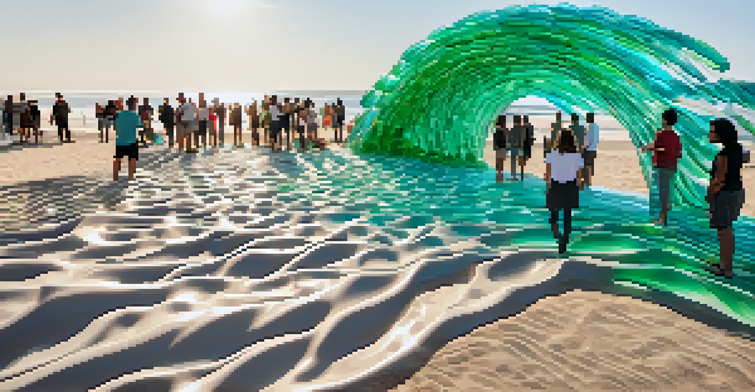 A large public art installation made from recycled plastic bottles resembling a wave on a beach, with people observing it.