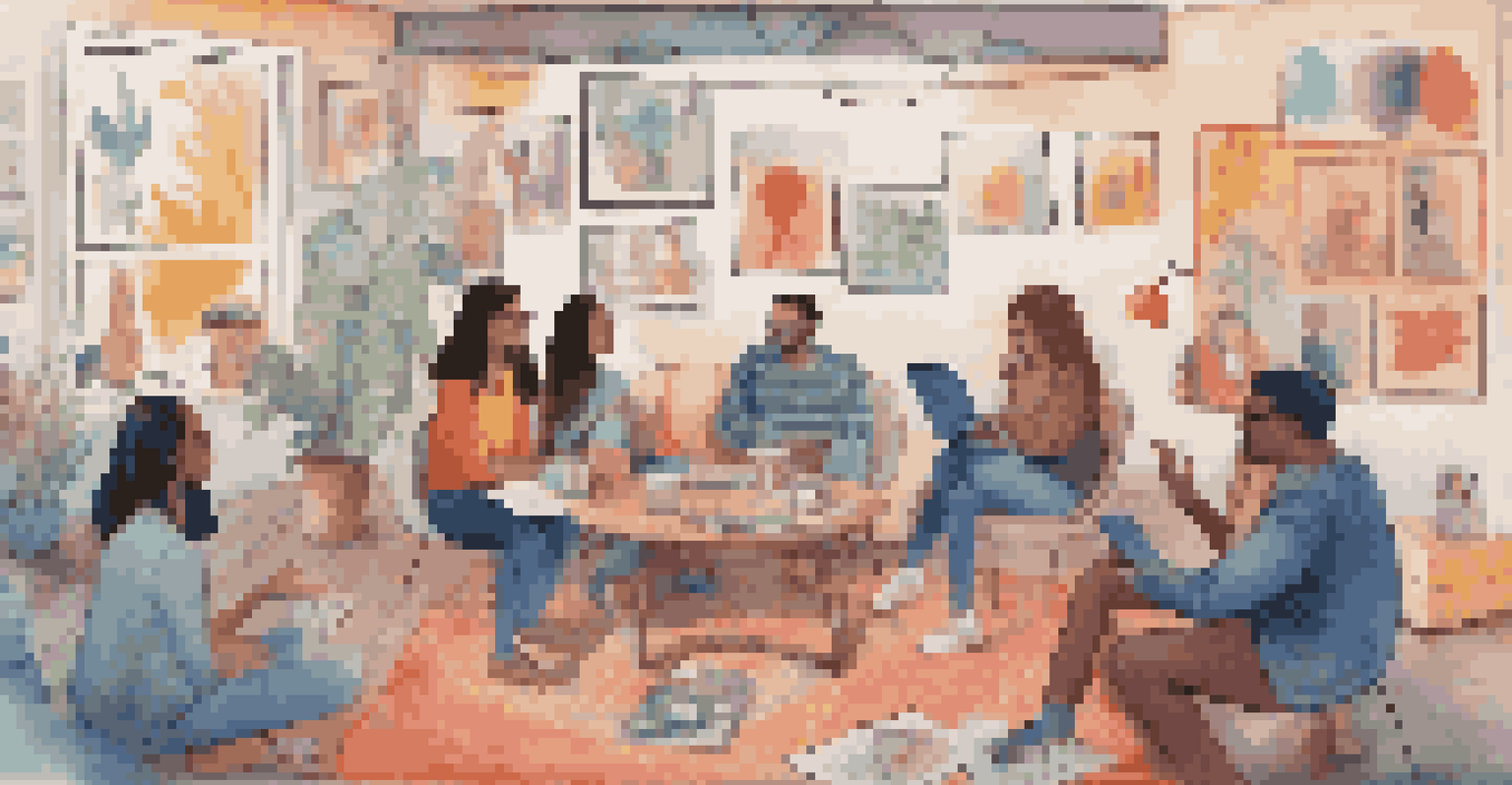 A stylized illustration of an online art community discussion, featuring avatars and colorful art supplies in the background.