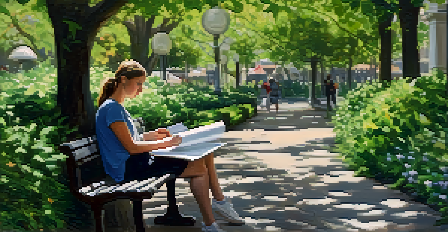 An individual sketching in a notebook on a park bench surrounded by greenery and flowers, showing a look of concentration and happiness.