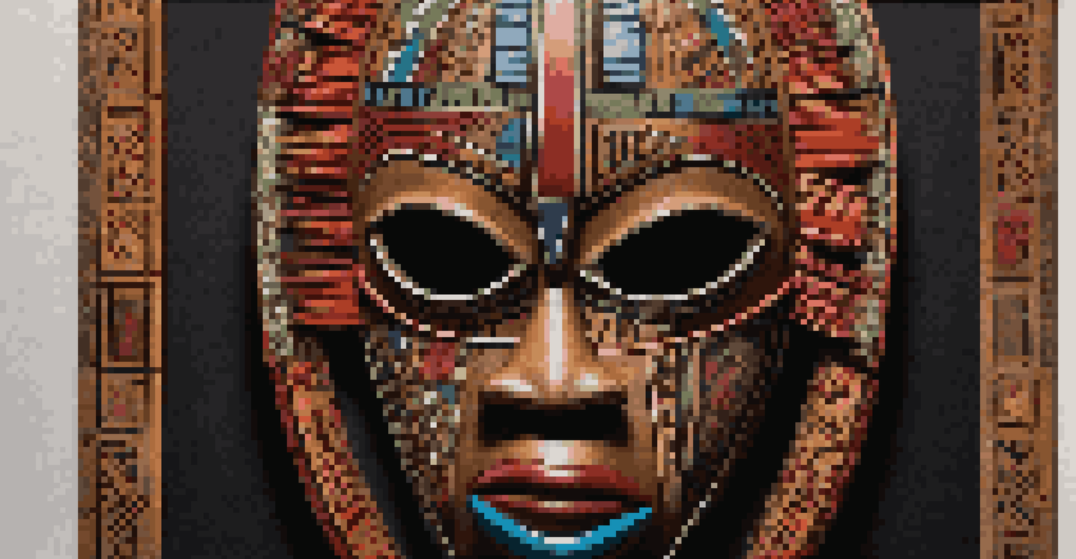 An intricately carved African mask with symbolic designs and vibrant colors, set against a dark background.