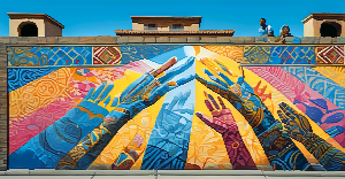 A colorful mural of diverse hands reaching out towards each other, symbolizing unity and cultural representation in a city.