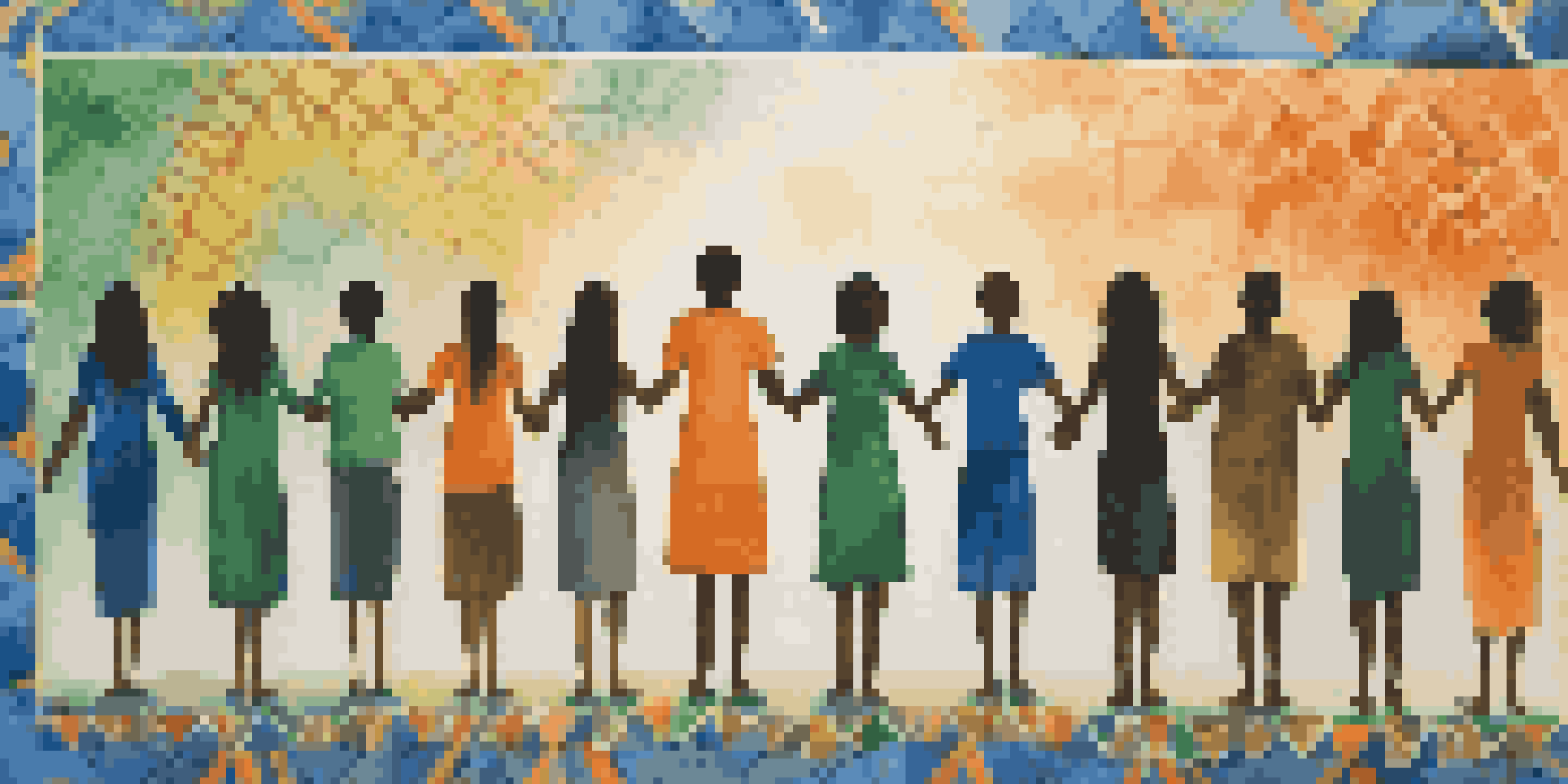 A colorful mural showing diverse people holding hands, representing unity and solidarity, with bright colors and intricate patterns.