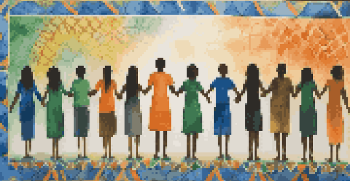 A colorful mural showing diverse people holding hands, representing unity and solidarity, with bright colors and intricate patterns.