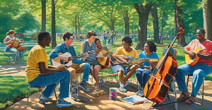 A diverse group of individuals with disabilities enjoying a sunny day in a park, participating in artistic and musical activities.