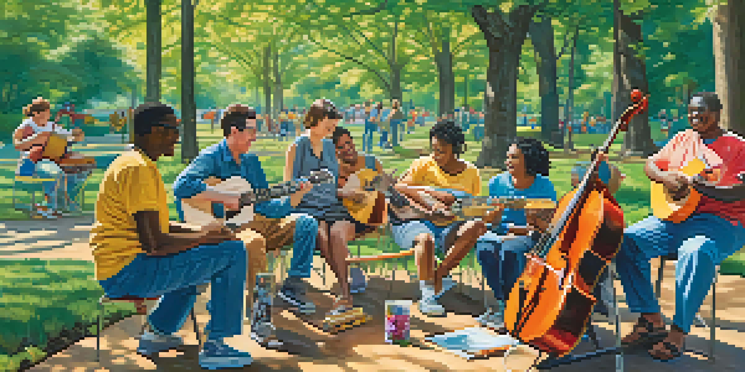 A diverse group of individuals with disabilities enjoying a sunny day in a park, participating in artistic and musical activities.