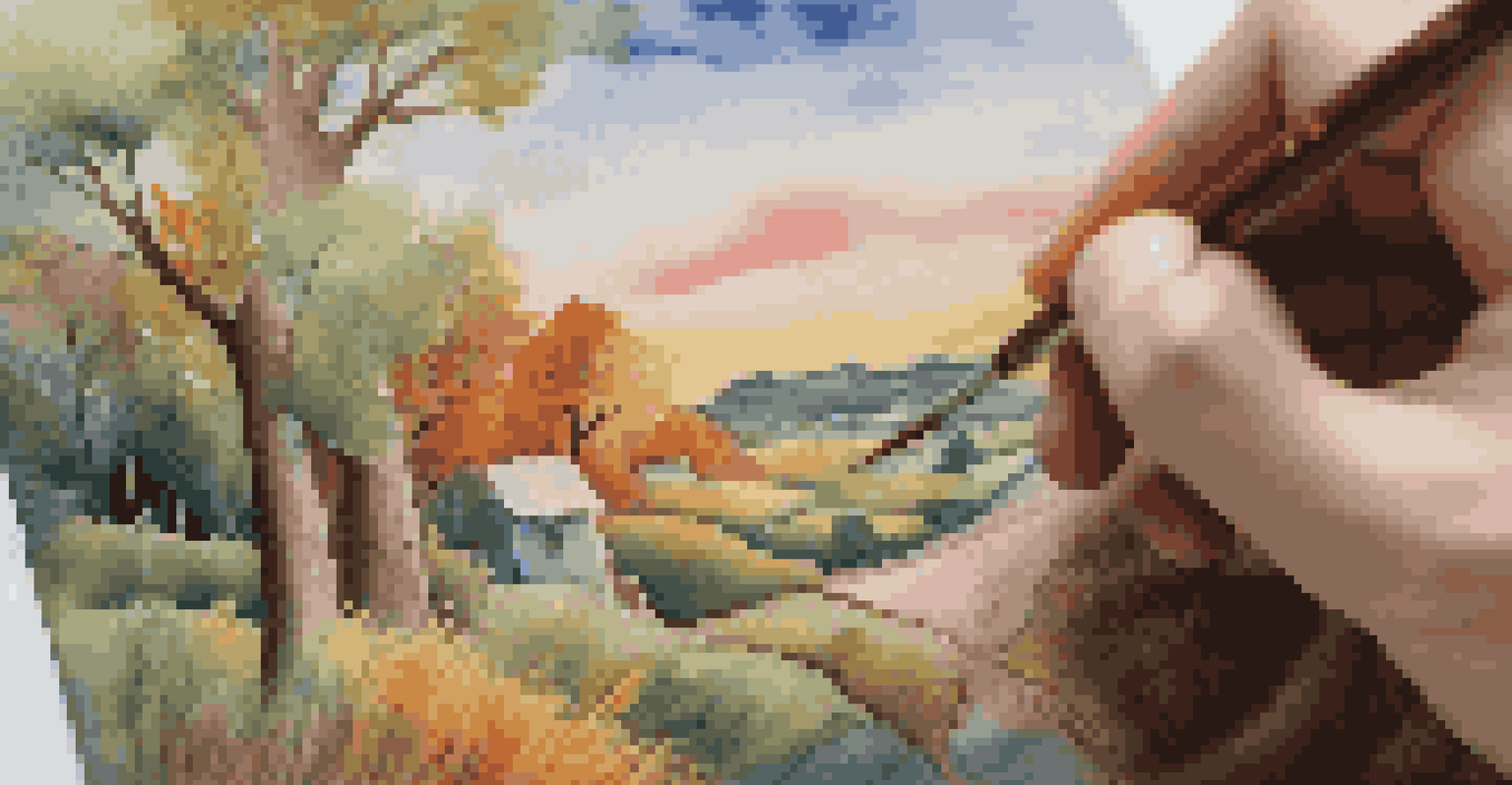 An artist's hands painting a colorful landscape on a canvas, with natural light enhancing the textures of the paint.