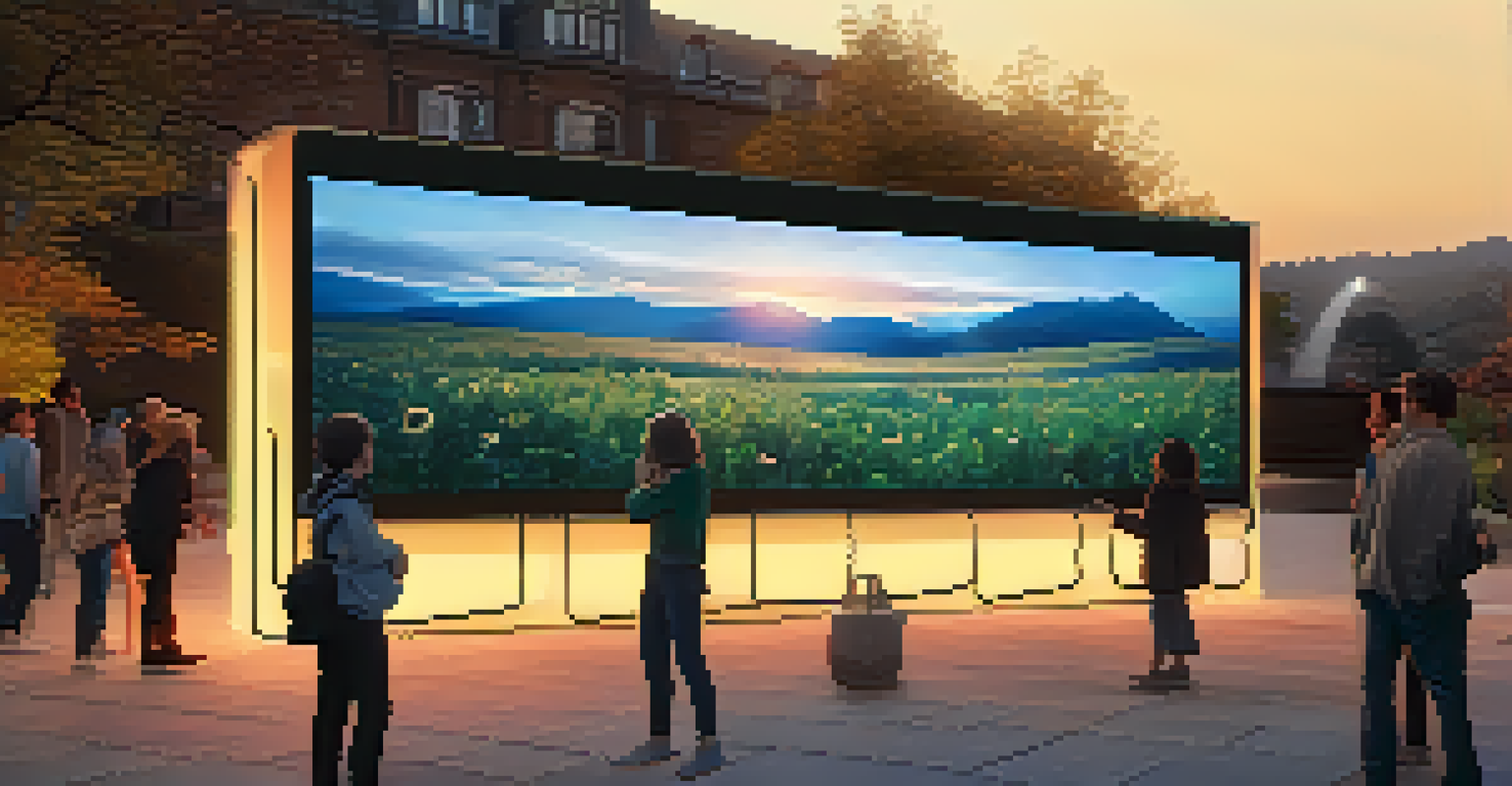 An outdoor digital art installation at sunset with animated visuals on a large screen and people interacting with touch-sensitive panels.