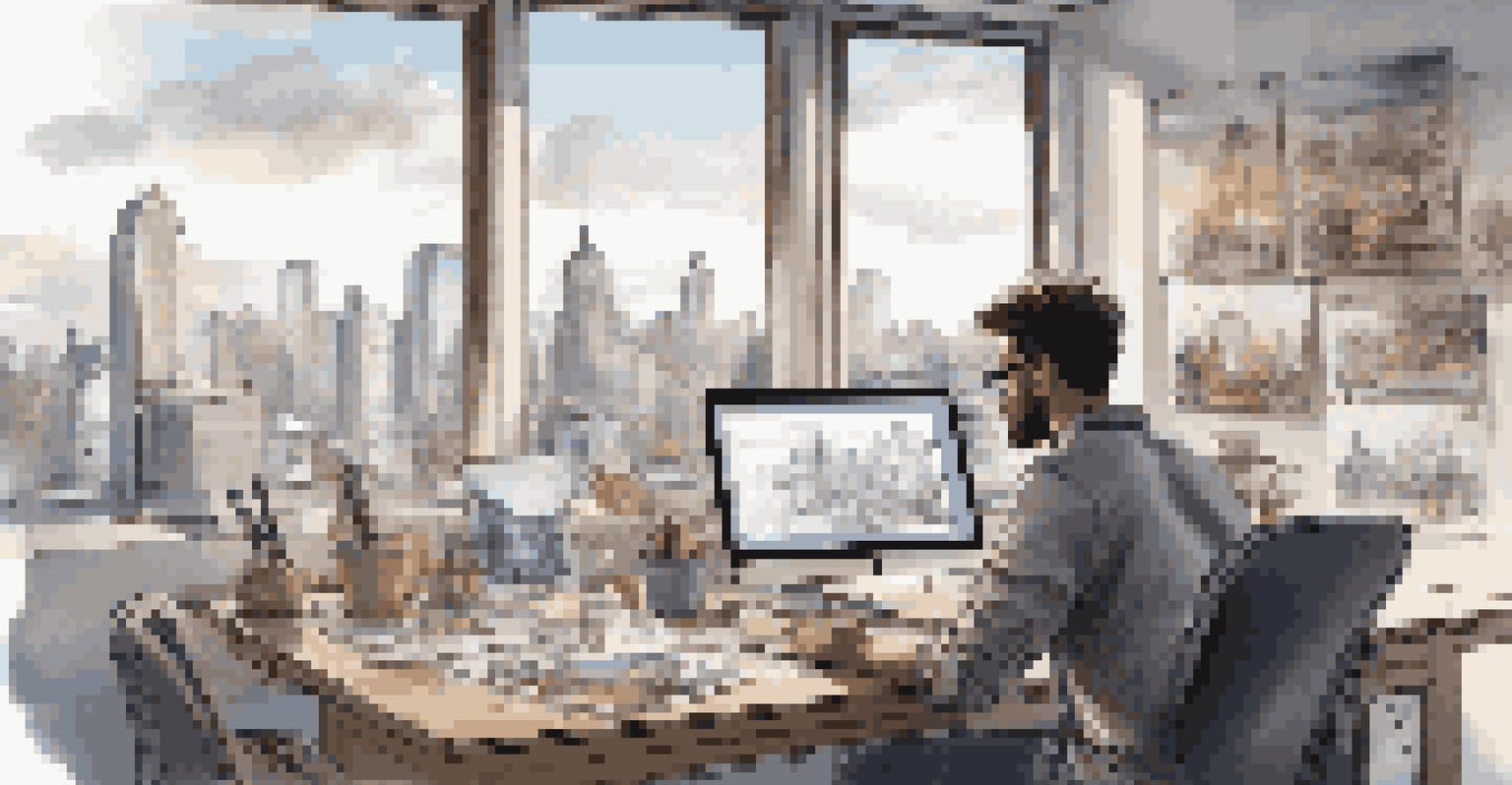 A digital artist working on a tablet in a modern workspace, surrounded by sketches and tools, with a cityscape view outside.