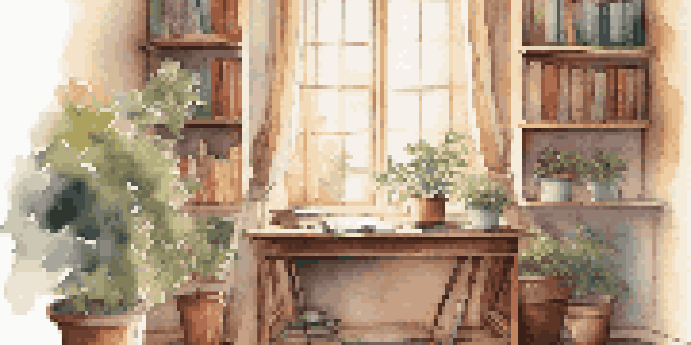 A cozy writing space by a window with a desk, journal, cup of tea, and plants, illuminated by soft sunlight.