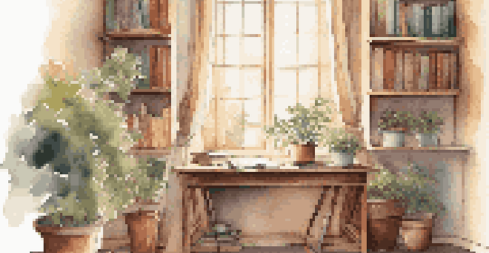 A cozy writing space by a window with a desk, journal, cup of tea, and plants, illuminated by soft sunlight.