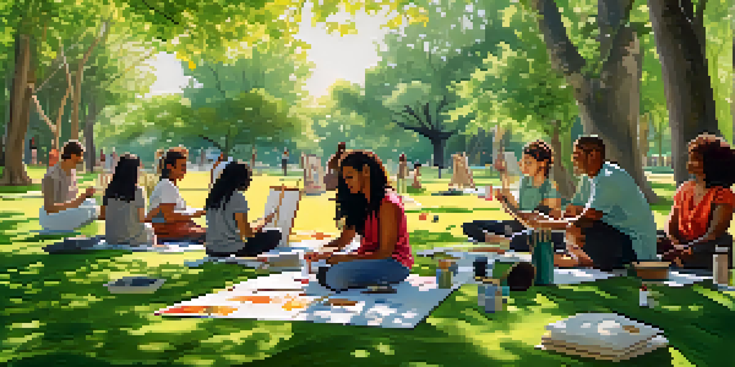 Participants of diverse backgrounds creating nature-inspired art in a lush green park, with sunlight filtering through the trees.