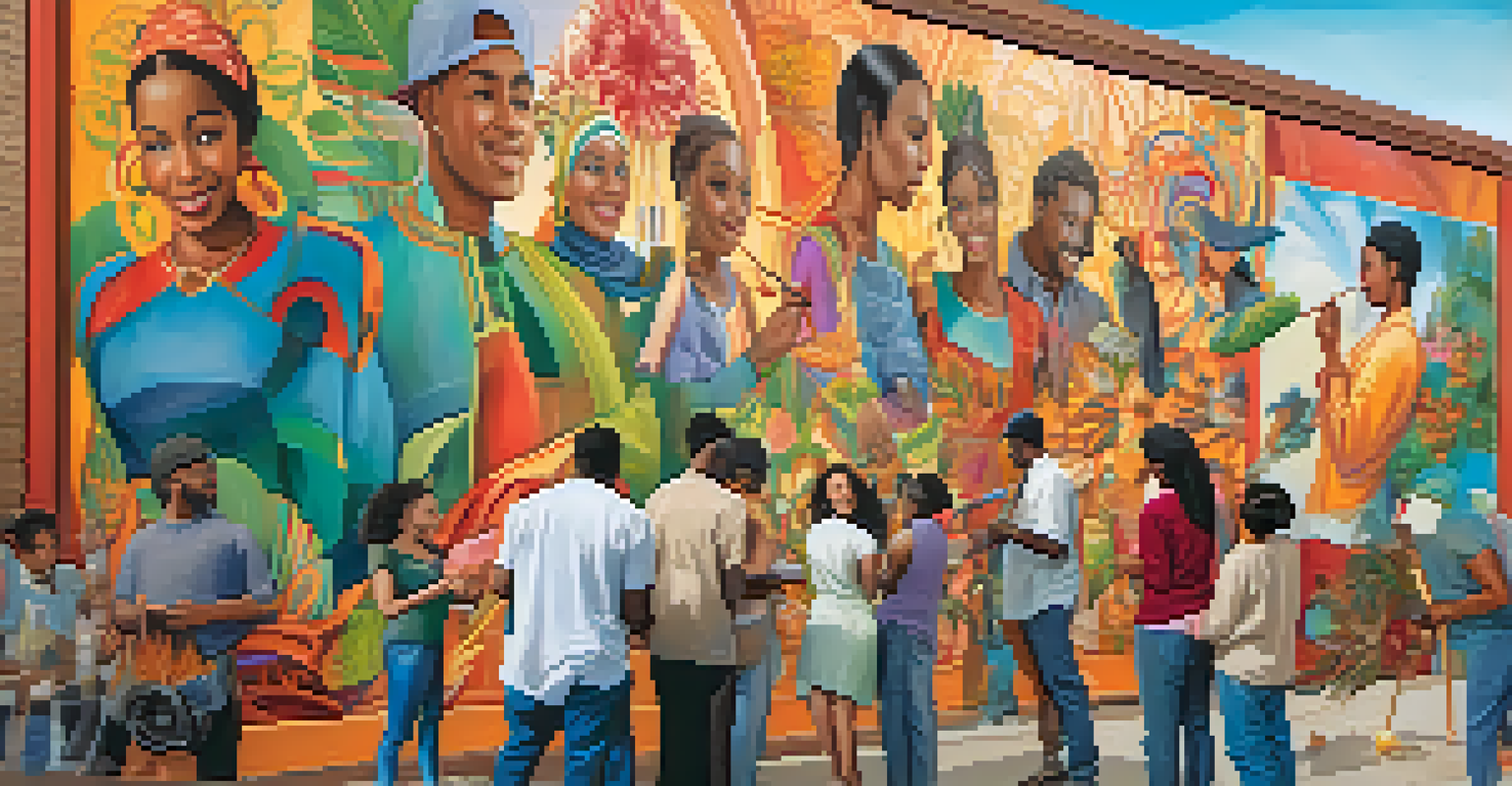 A group of diverse artists working together on a colorful mural in an urban environment.