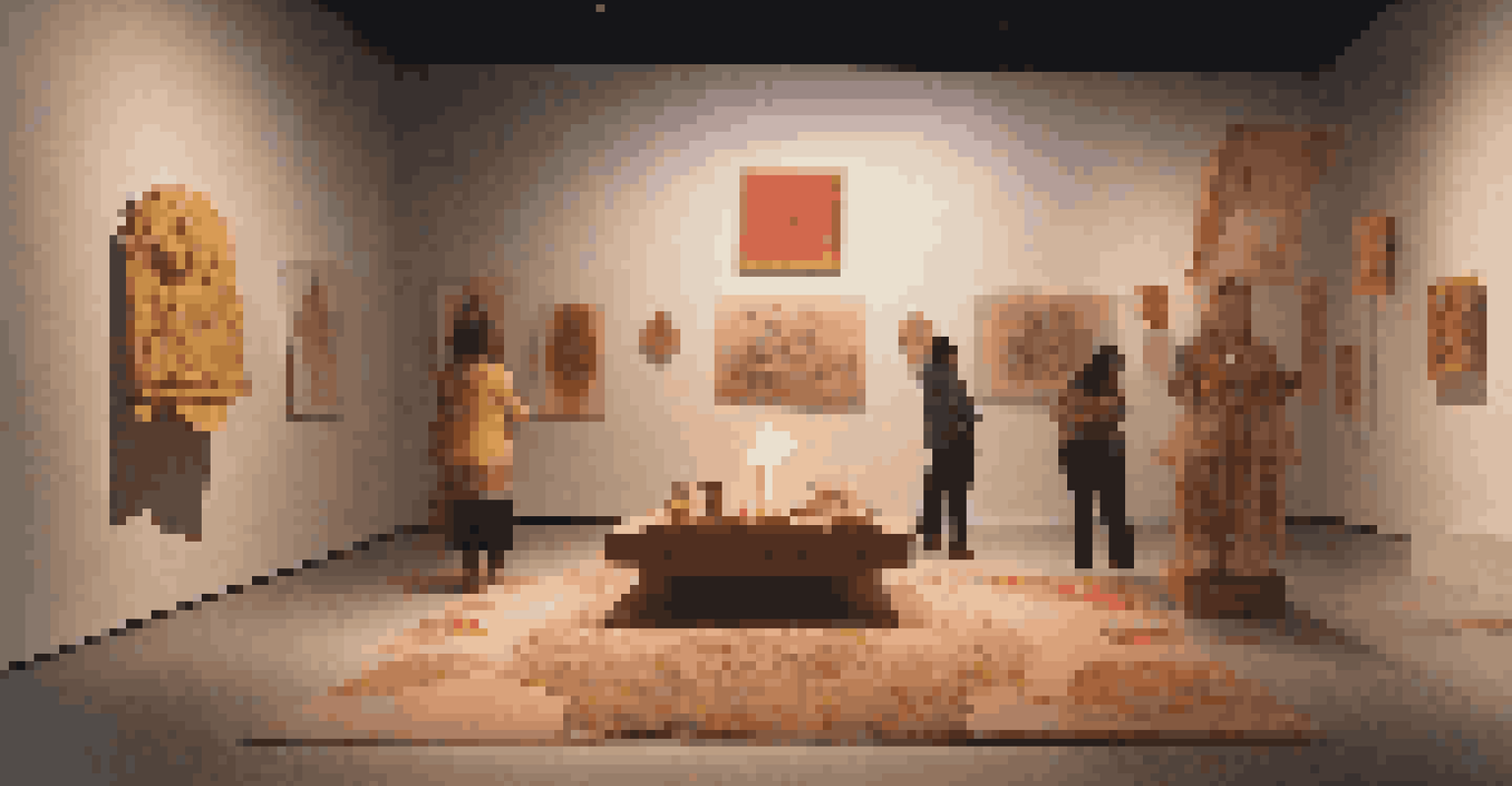 A contemporary art installation with cultural artifacts and incense, dimly lit to create an intimate atmosphere, engaging visitors with its unique sensory experience.