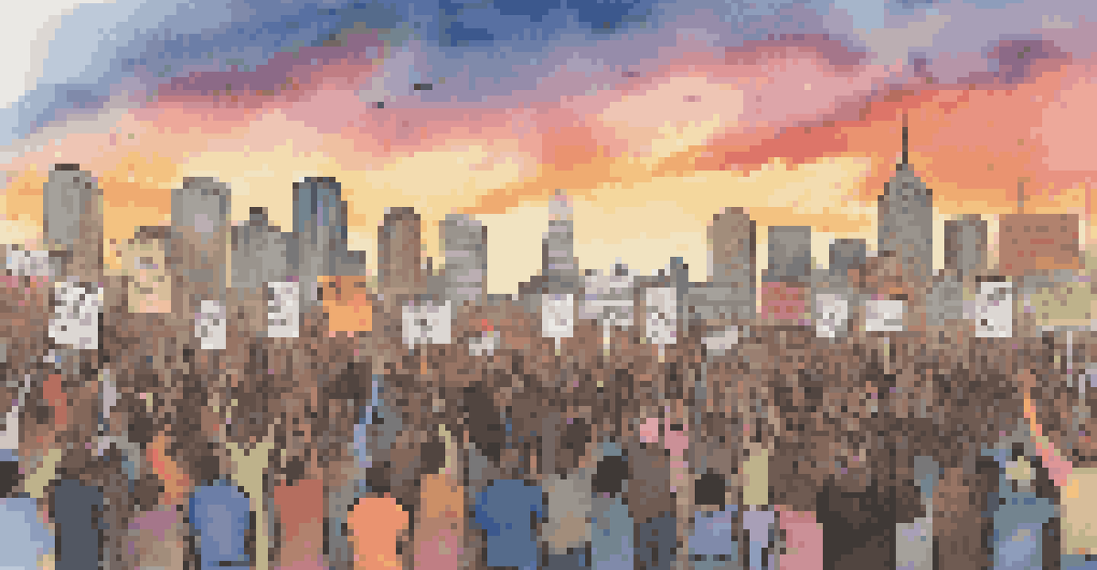 A diverse group of people peacefully protesting at sunset, holding signs for social justice causes.