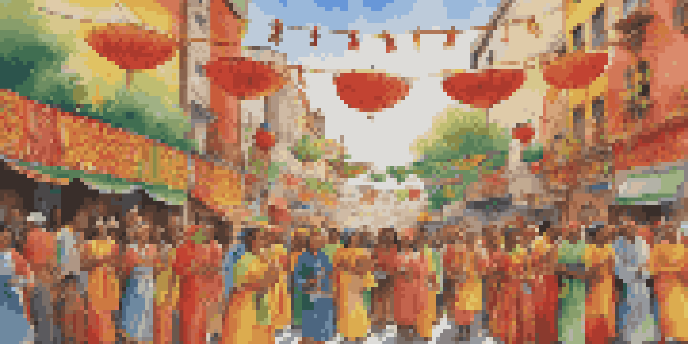 A colorful street mural showcasing a cultural festival with diverse people in traditional clothing celebrating together under sunlight.