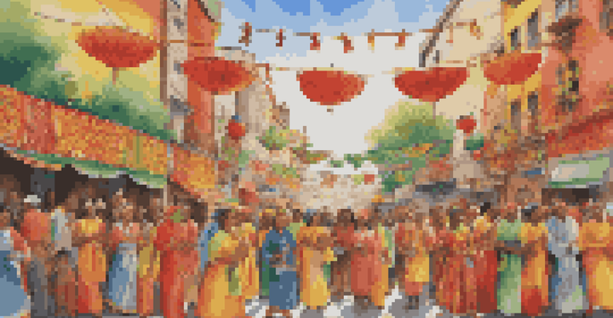 A colorful street mural showcasing a cultural festival with diverse people in traditional clothing celebrating together under sunlight.