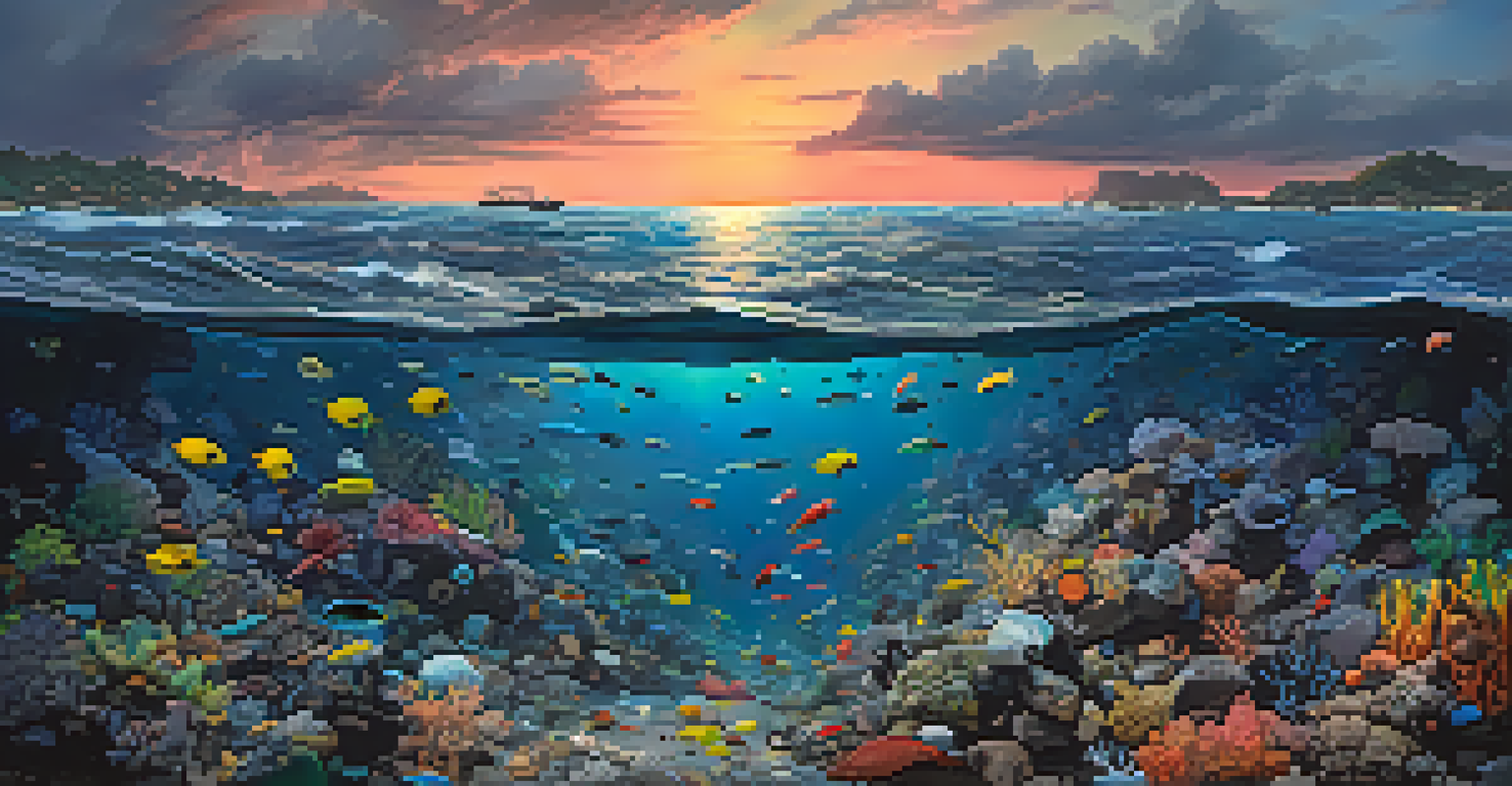 A polluted ocean scene showing plastic waste and struggling marine life, with a sunset in the background.