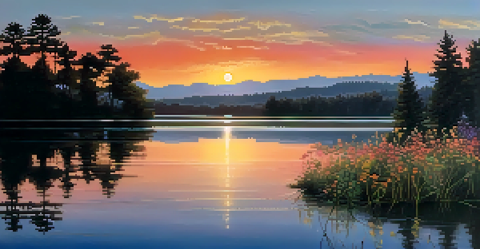 A vibrant sunset reflecting on a calm lake, framed by silhouetted trees and colorful wildflowers in the foreground.