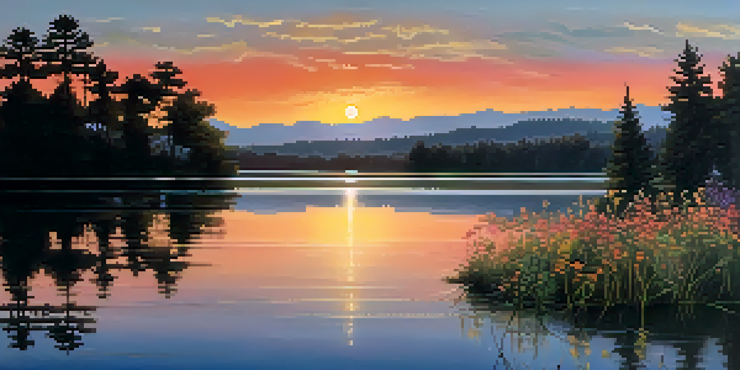 A vibrant sunset reflecting on a calm lake, framed by silhouetted trees and colorful wildflowers in the foreground.