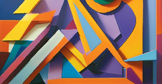 An abstract artwork with bold colors and geometric shapes, featuring a gradient background of blues and purples with bright orange and yellow triangles and circles.