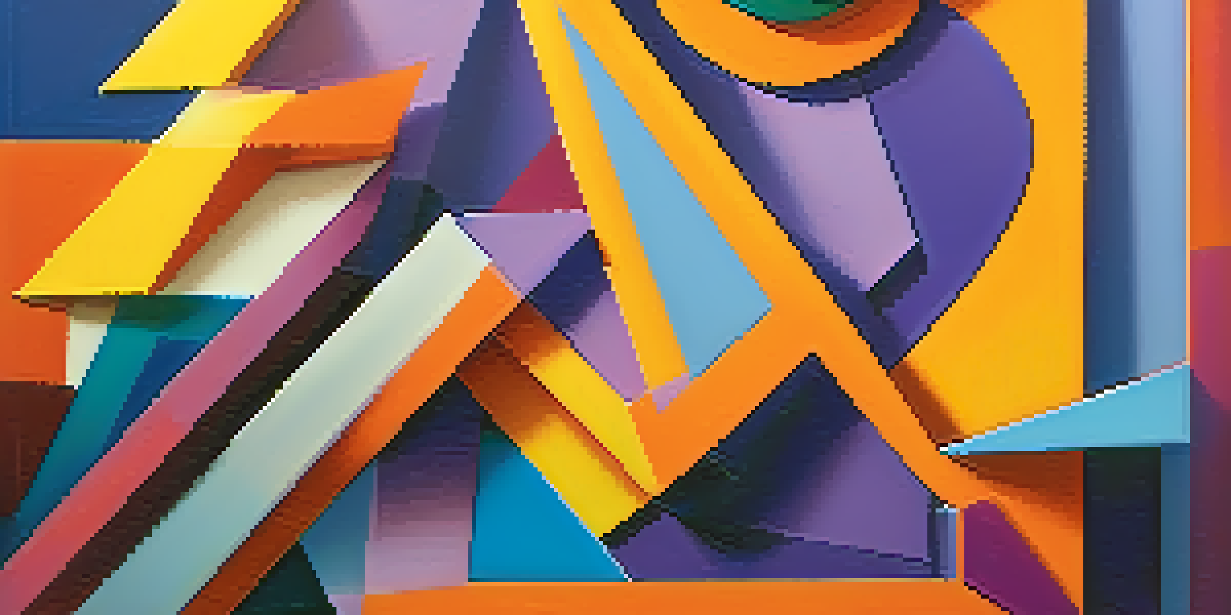 An abstract artwork with bold colors and geometric shapes, featuring a gradient background of blues and purples with bright orange and yellow triangles and circles.