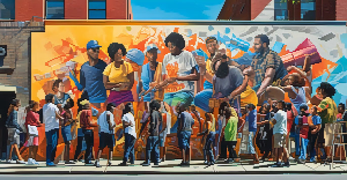 An urban mural showing diverse activists surrounded by colorful graffiti, set in a city street with sunlight and shadows.