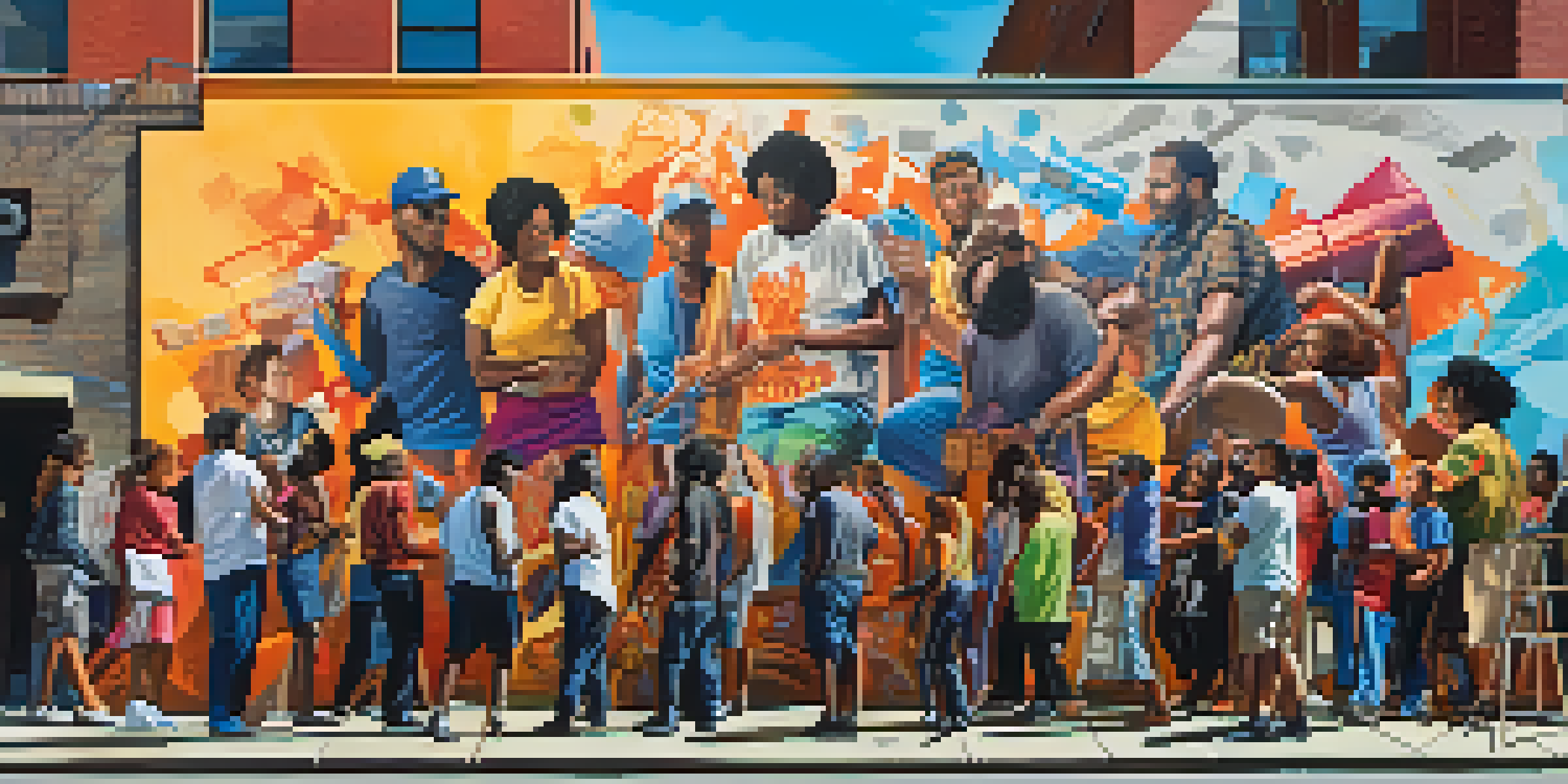 An urban mural showing diverse activists surrounded by colorful graffiti, set in a city street with sunlight and shadows.