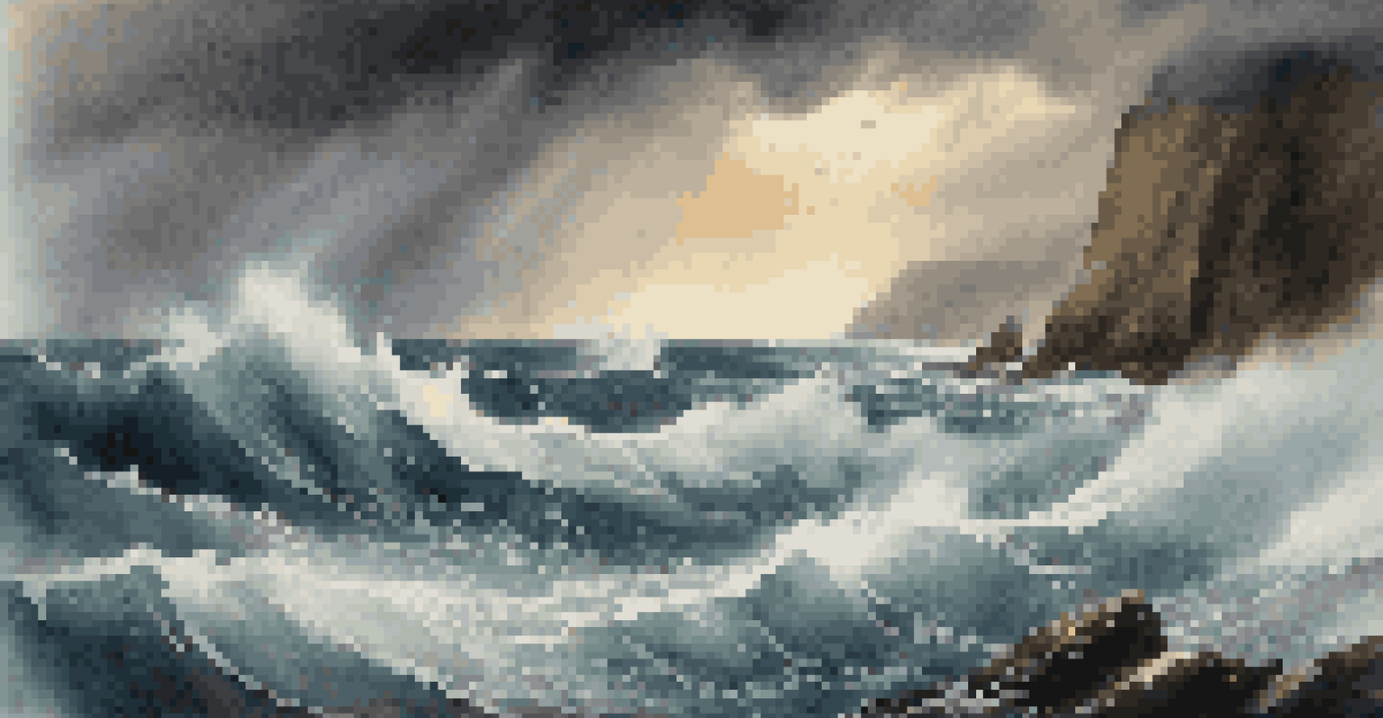 A dramatic ocean scene with crashing waves against cliffs under stormy clouds and rays of sunlight.
