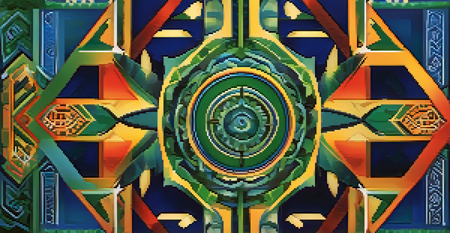A digital artwork combining traditional Indigenous symbols with modern graphic design in vibrant colors against a blue-green gradient background.