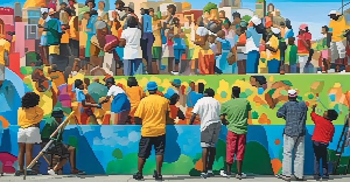 A diverse group of community members painting a vibrant mural on an urban wall, showcasing themes of hope and unity.