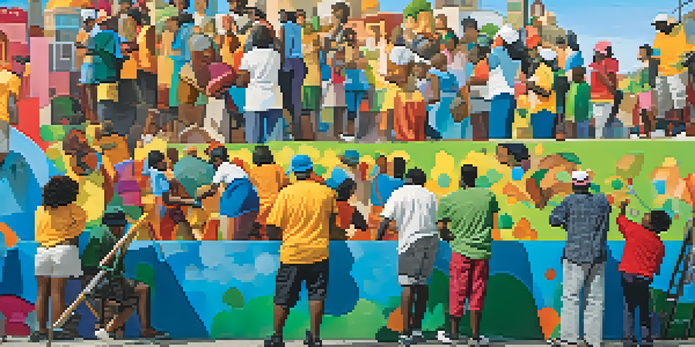 A diverse group of community members painting a vibrant mural on an urban wall, showcasing themes of hope and unity.
