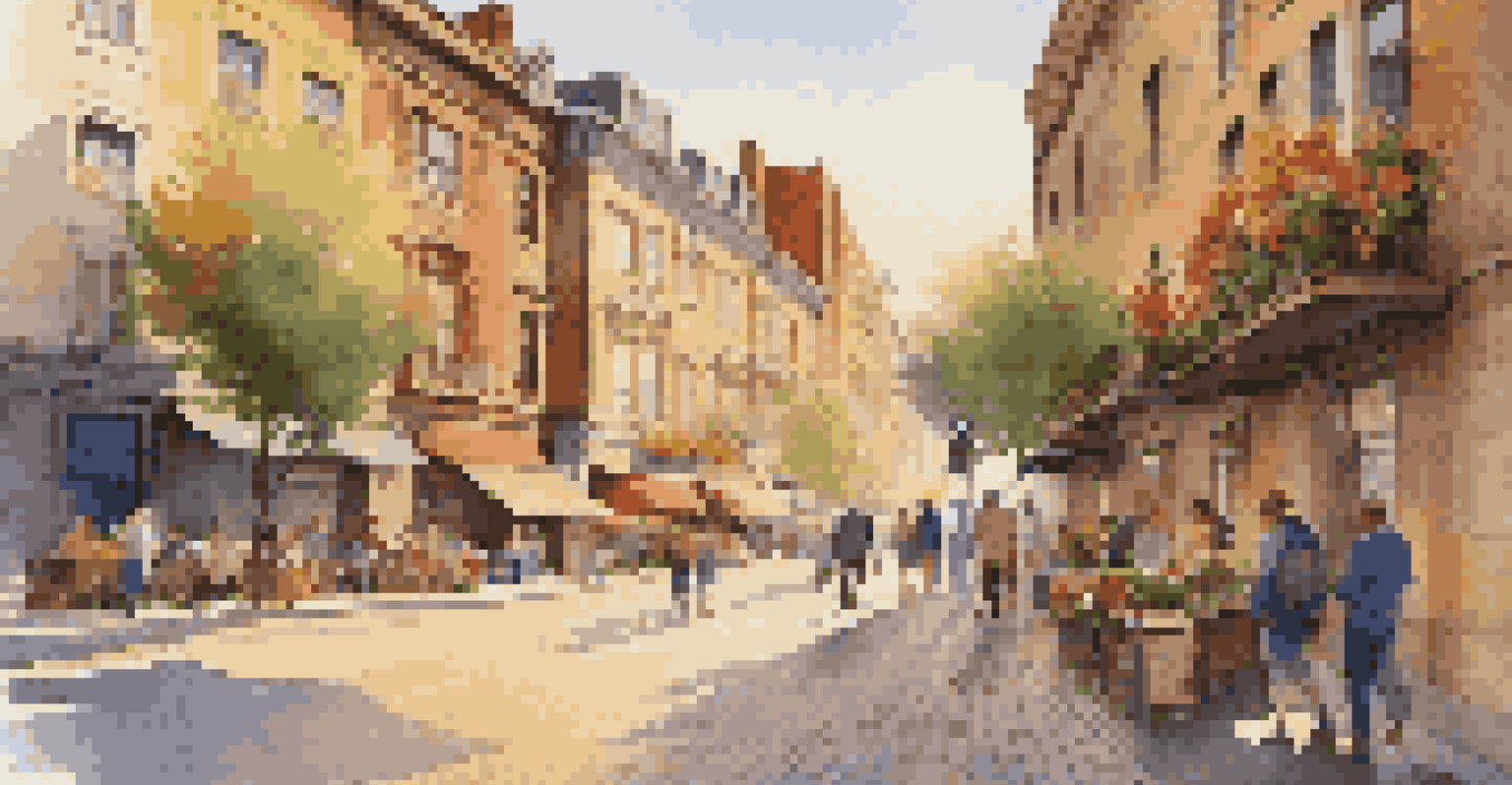 An urban street at golden hour with vintage buildings and a street musician performing.