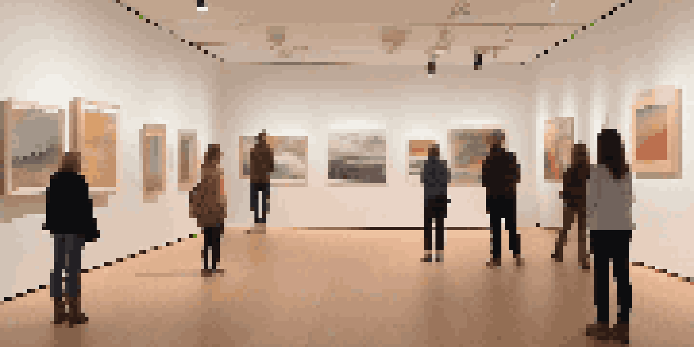 A peaceful art gallery featuring colorful paintings and warm lighting, with visual representations of sound waves in the air. Visitors are interacting with the artwork, showcasing various emotions.