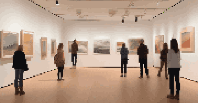 A peaceful art gallery featuring colorful paintings and warm lighting, with visual representations of sound waves in the air. Visitors are interacting with the artwork, showcasing various emotions.
