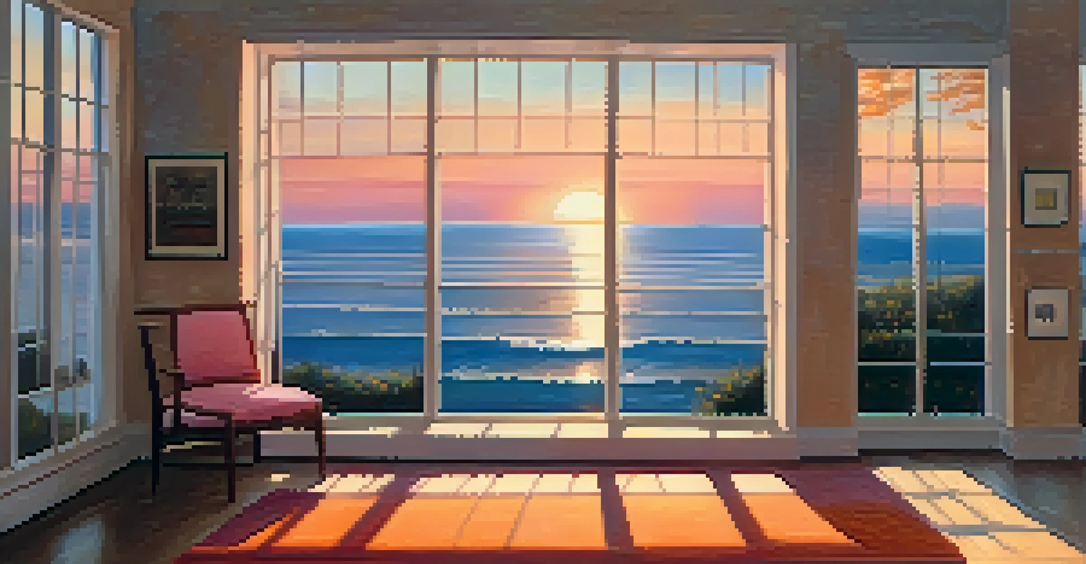A peaceful gallery with a sunset painting, calming music notes, and soft natural light illuminating the space.