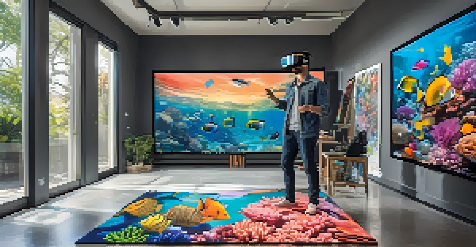 An artist wearing a VR headset in a studio, interacting with a digital underwater scene filled with coral reefs and fish.