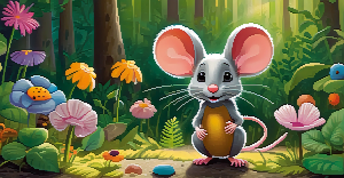 A colorful illustration of a brave little mouse in a vibrant forest filled with oversized flowers and friendly animals, with sunlight filtering through the trees.