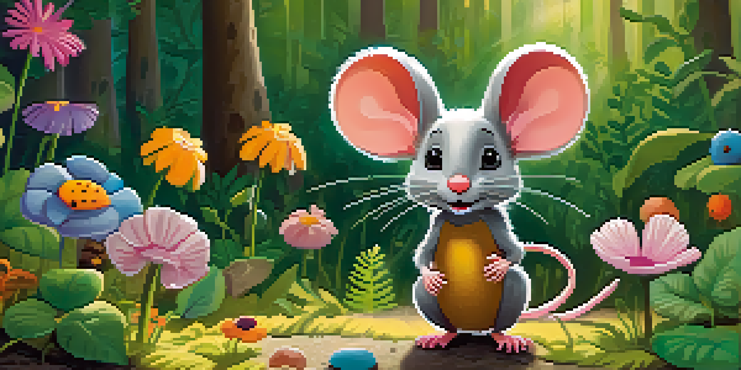 A colorful illustration of a brave little mouse in a vibrant forest filled with oversized flowers and friendly animals, with sunlight filtering through the trees.