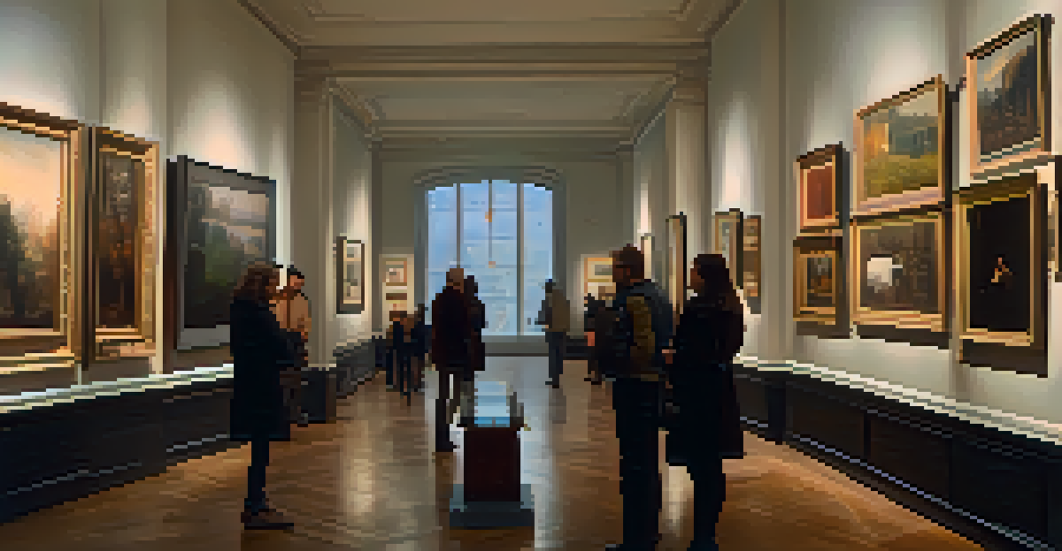 A cozy gallery with paintings on the walls and viewers engaged in observing the artworks in a dimly lit setting.