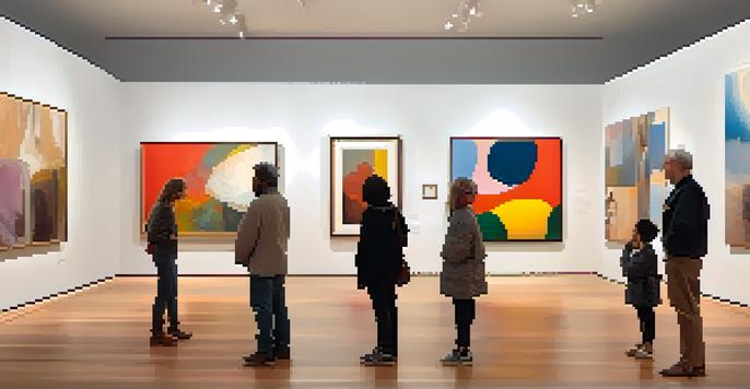 A bright art gallery with various paintings and sculptures, where diverse visitors admire the artworks in a warm atmosphere.