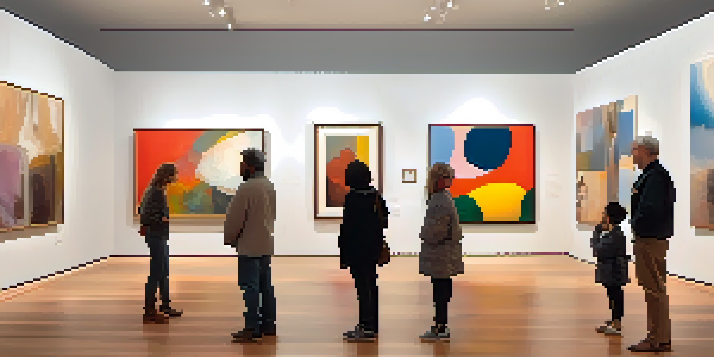 A bright art gallery with various paintings and sculptures, where diverse visitors admire the artworks in a warm atmosphere.