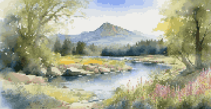 A picturesque landscape with a flowing river, lush greenery, blooming wildflowers, and mountains under a clear blue sky.