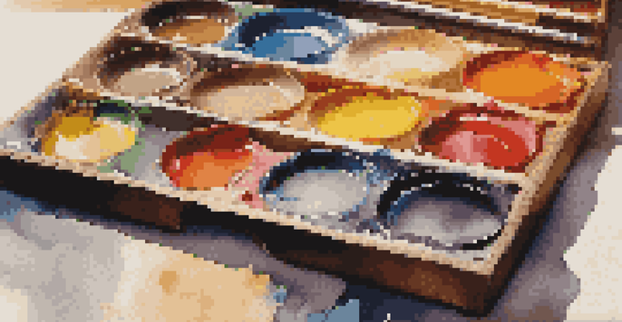 A close-up of an artist's wooden palette filled with colorful paints, illuminated by natural sunlight, with a blurred abstract painting in the background.