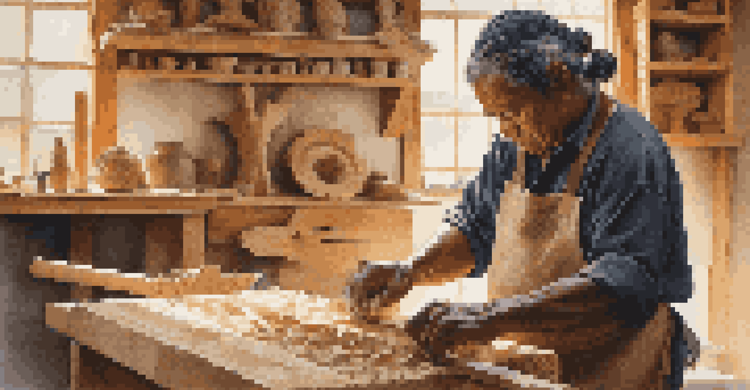 An indigenous artisan carving a wooden sculpture in a workshop, with tools and wood shavings visible.