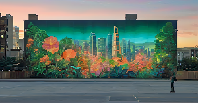 A colorful digital mural of nature on a city building at dusk, with people admiring it in the foreground.