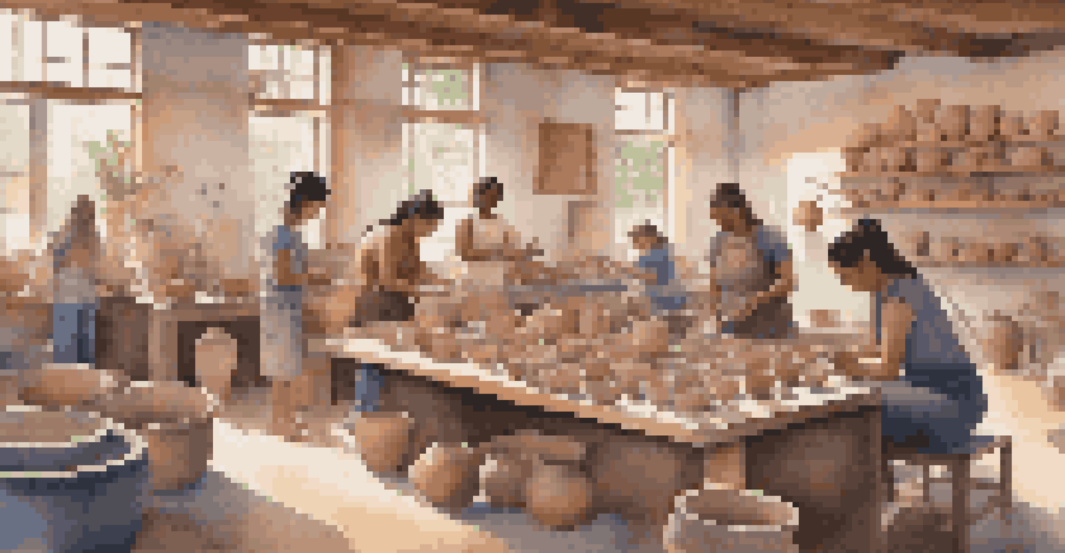 A vibrant community pottery workshop with diverse individuals shaping clay together under natural light, surrounded by colorful ceramic pieces.