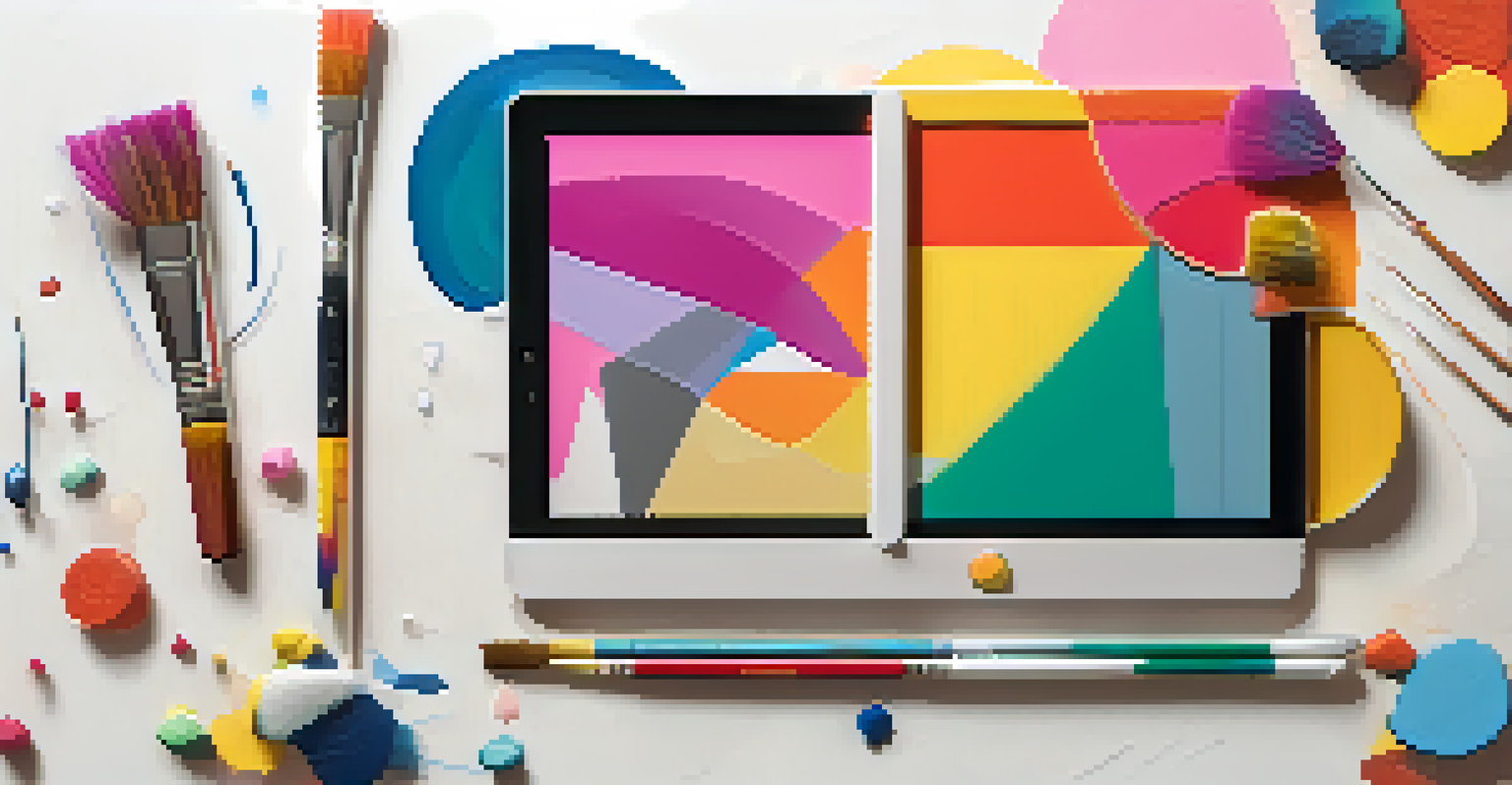 An abstract representation of digital collaboration in art featuring paintbrushes and digital tablets in bright colors.