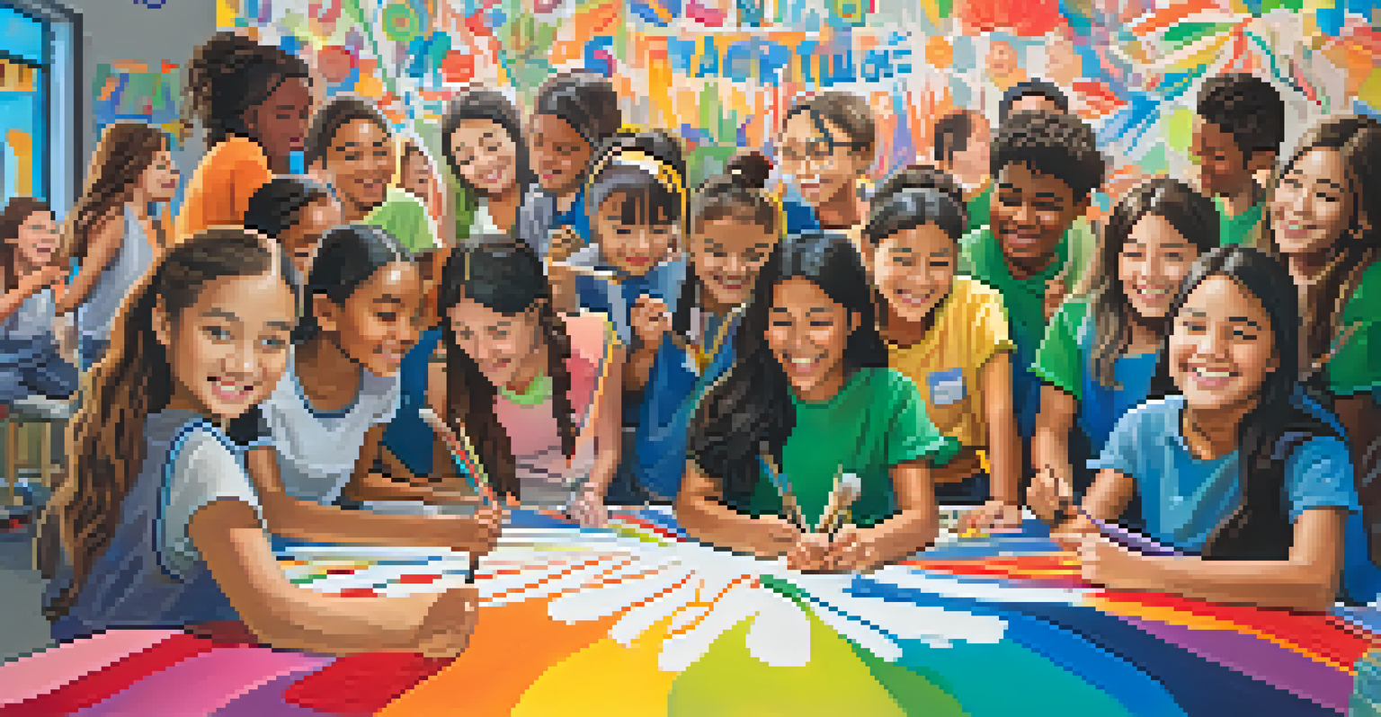 Students from different backgrounds working together on a colorful mural in a classroom.