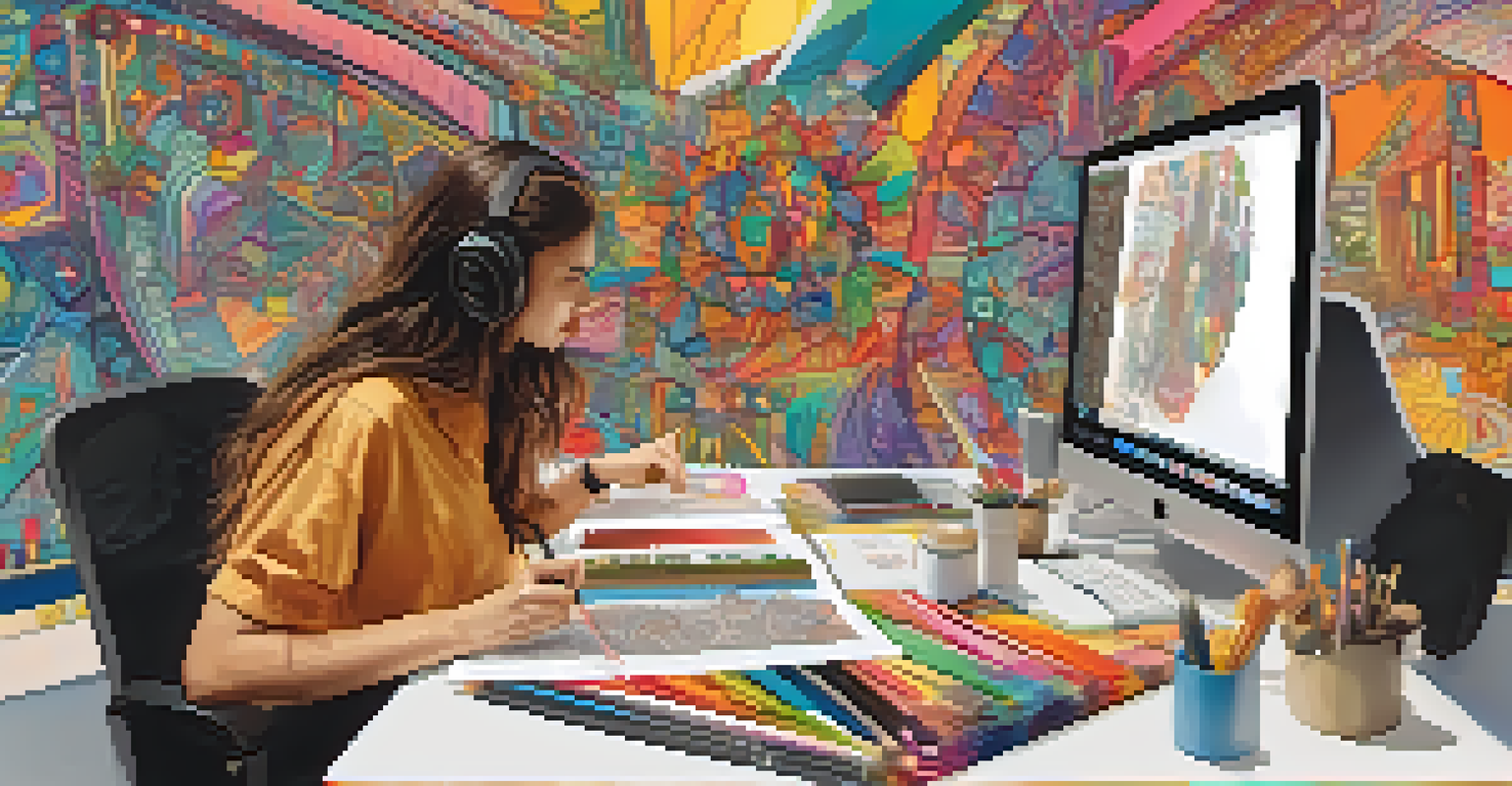 A digital workspace with a graphic designer and photographer collaborating, surrounded by colorful designs and creative notes.